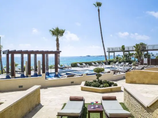 10 nights including breakfast at the Alexander the Great Beach Hotel and 5 green fees per person (GC Elea, x2 GC Secret Valley and x2 GC Aphrodite)